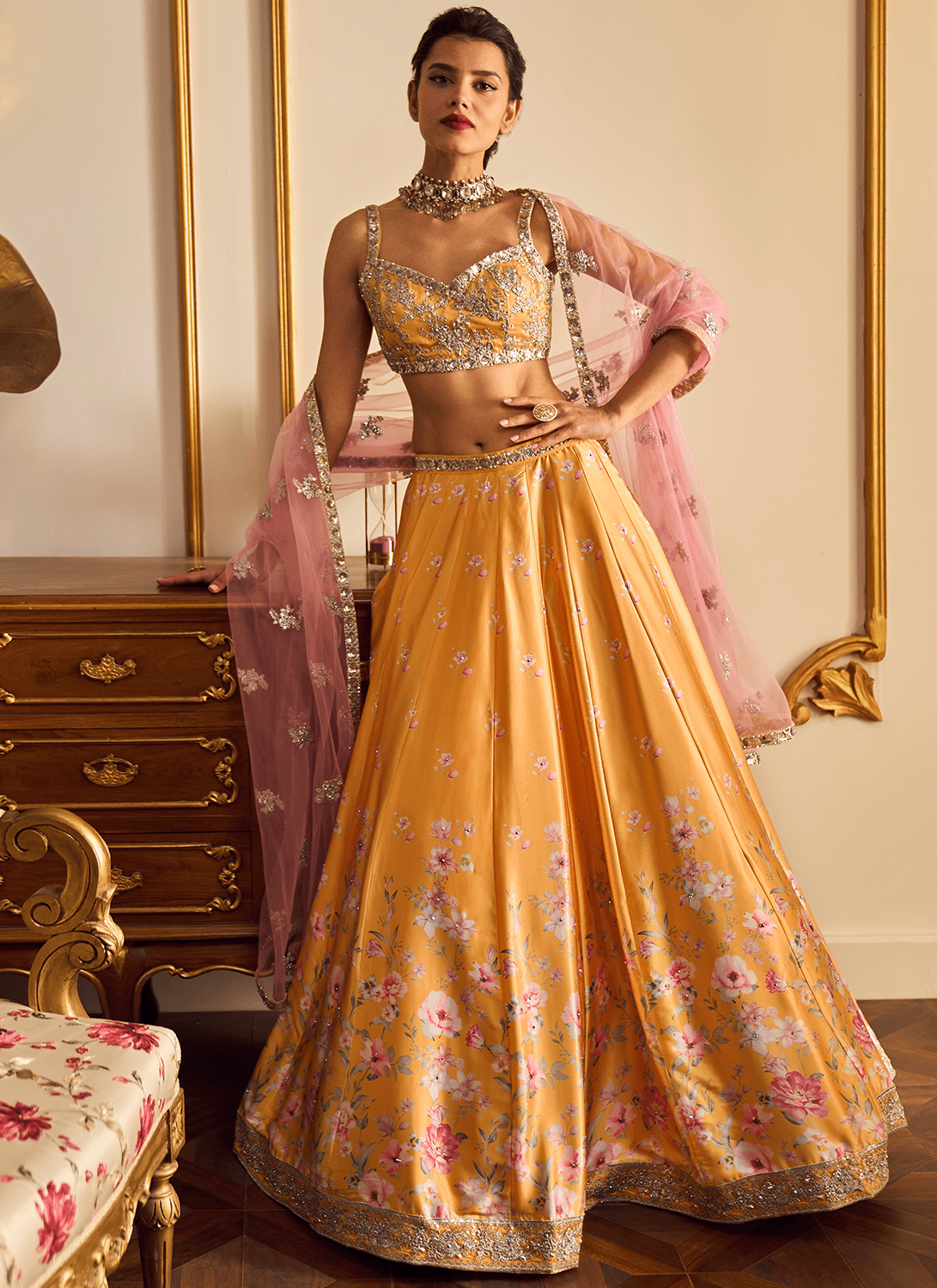 Yellow and Pink Floral Printed Lehenga - Lashkaraa