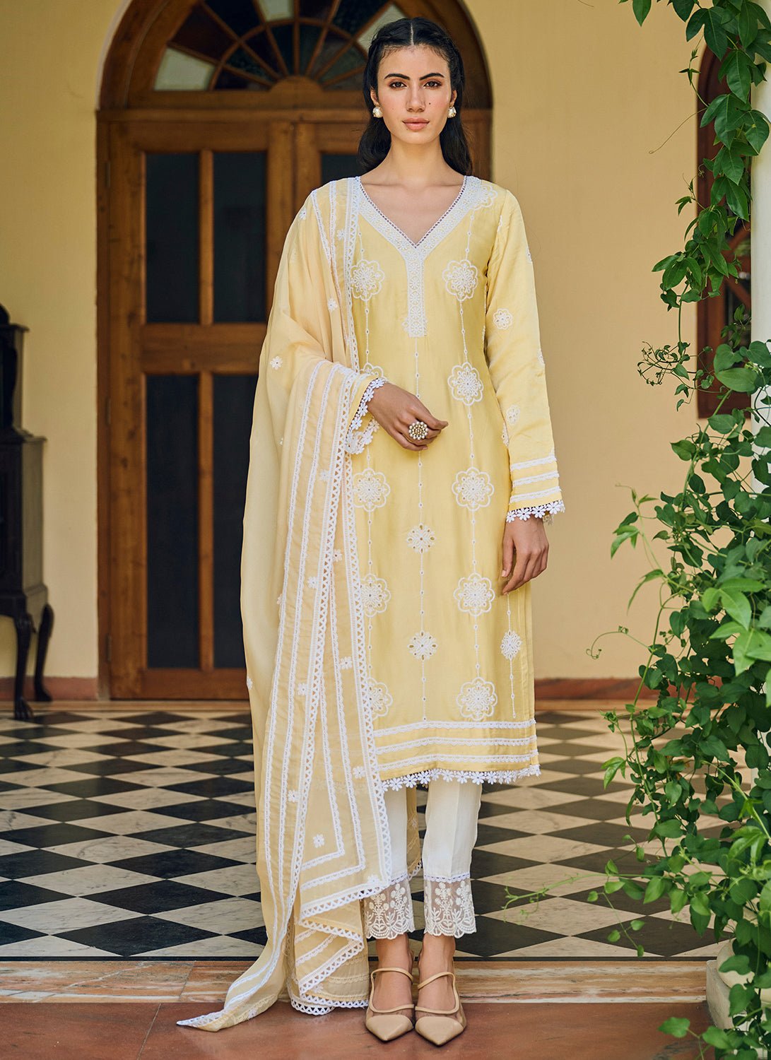 Yellow Embroidered Cotton Straight Suit - Lashkaraa