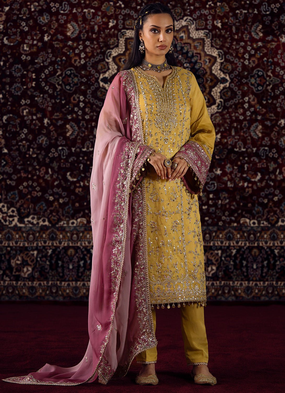 Yellow Embroidered Straight Suit - Lashkaraa