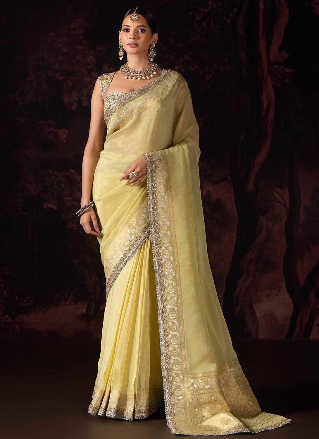 Yellow Embroidered Tissue Saree - Lashkaraa