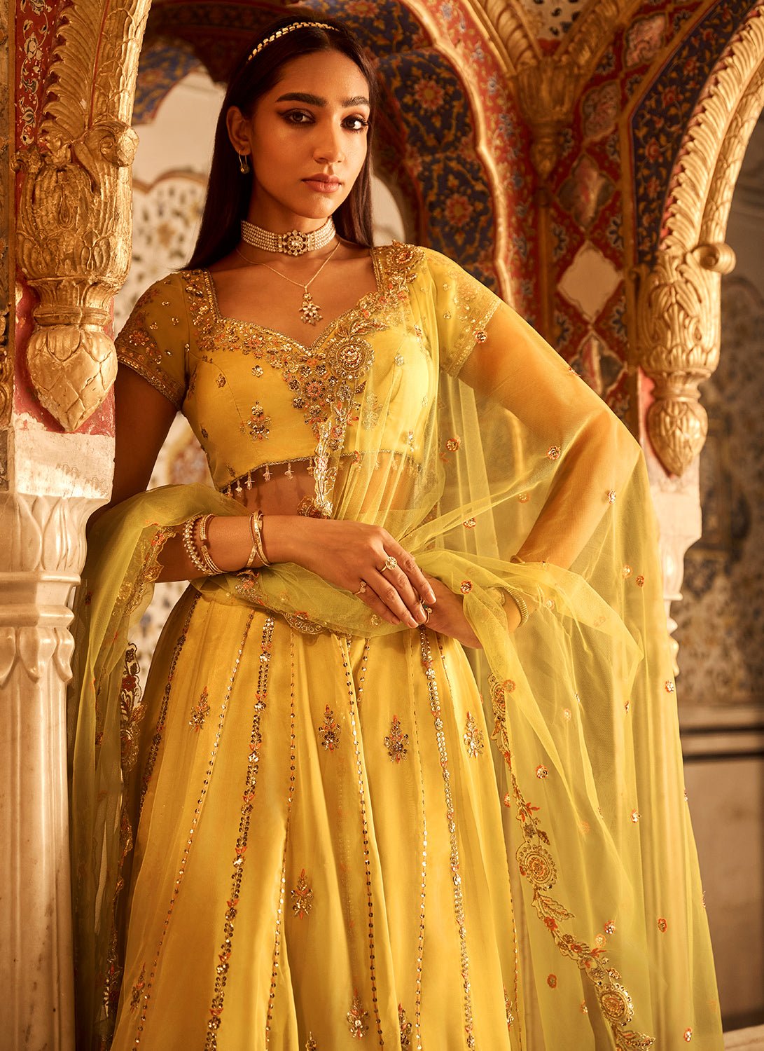 Yellow Embroidered Viscose Organza Lehenga - Lashkaraa