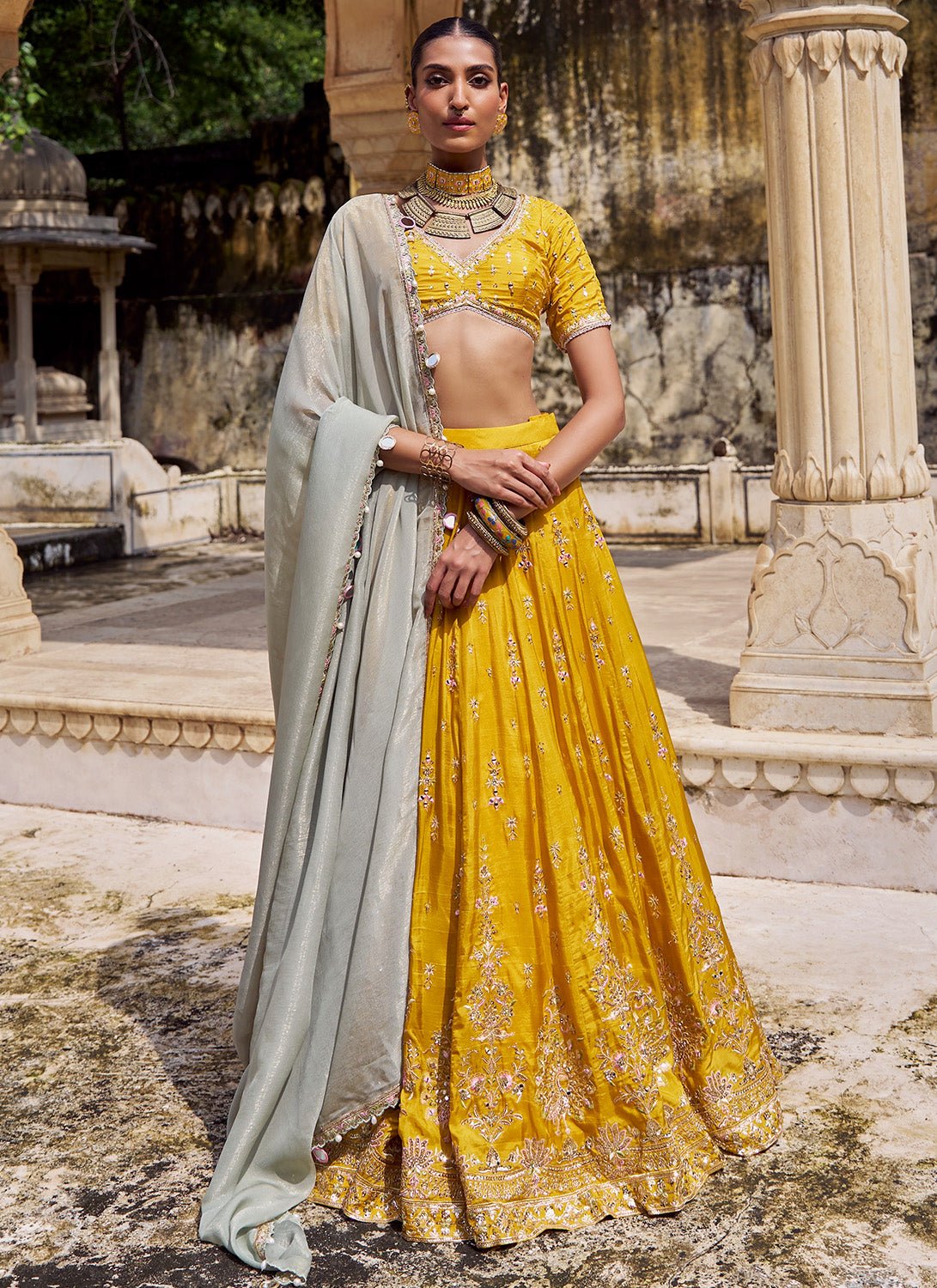 Yellow Embroidered Viscose Silk Lehenga - Lashkaraa