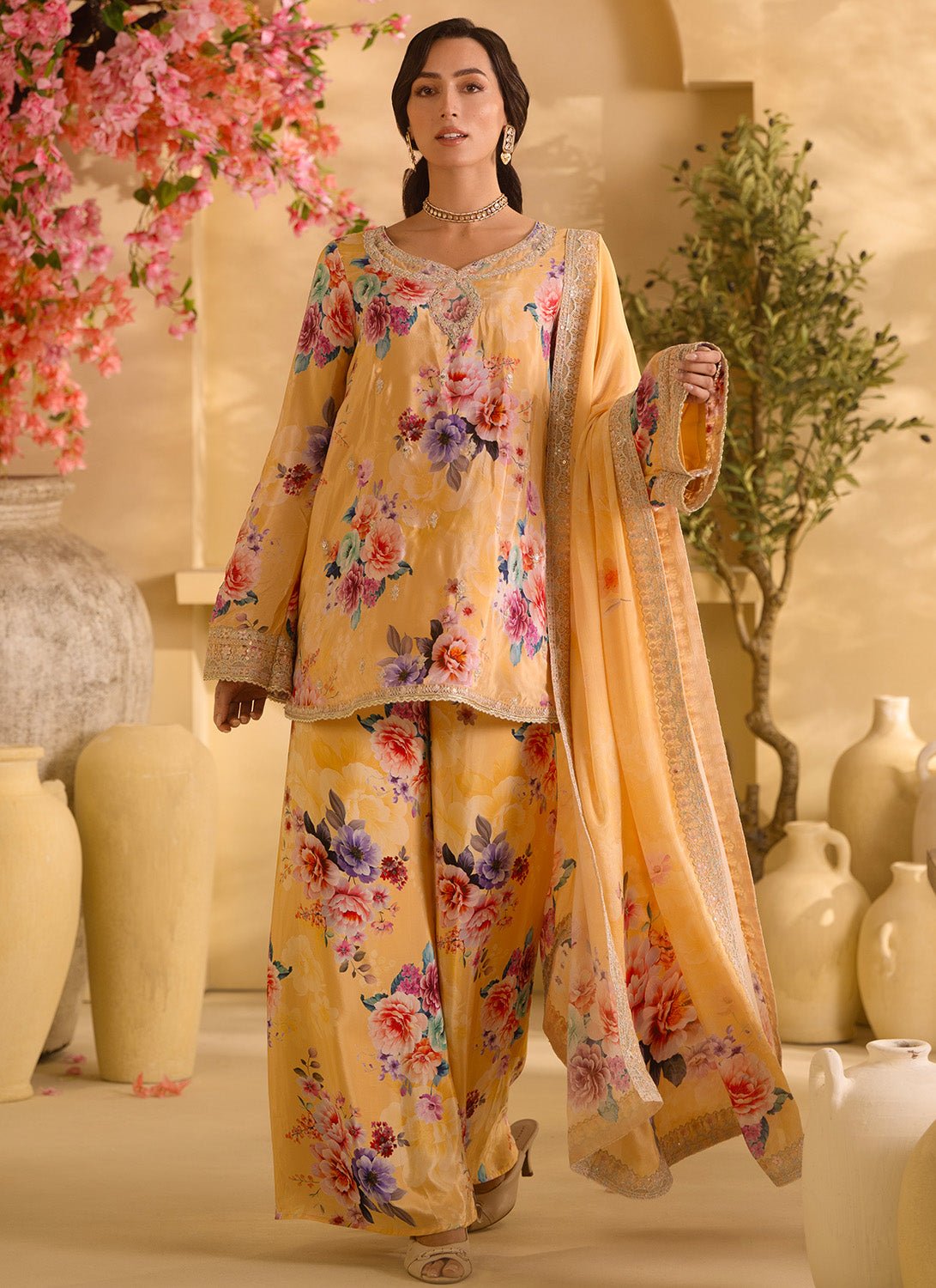 Yellow Floral Embroidered Crepe Silk Palazzo Suit - Lashkaraa
