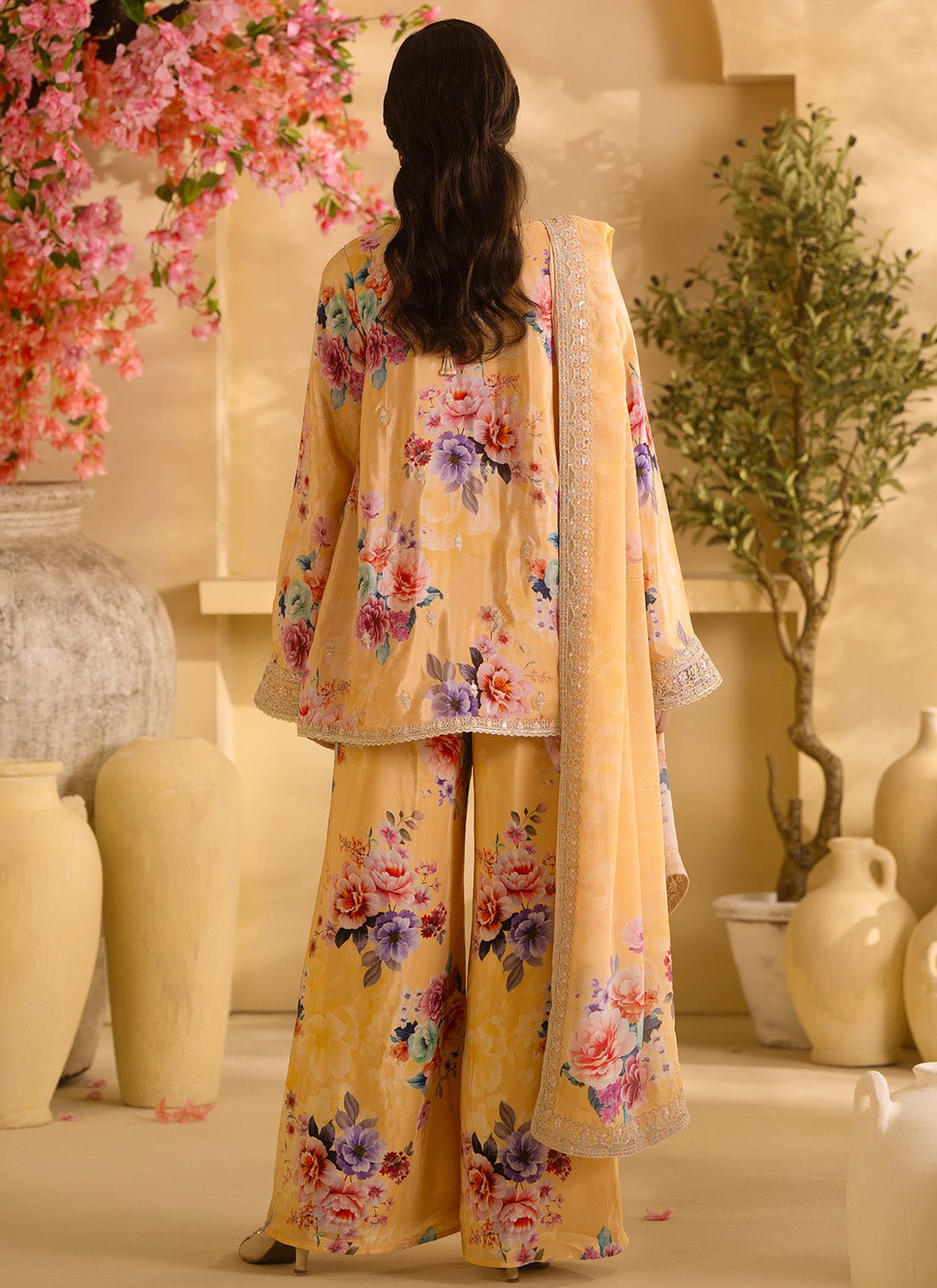Yellow Floral Embroidered Crepe Silk Palazzo Suit - Lashkaraa