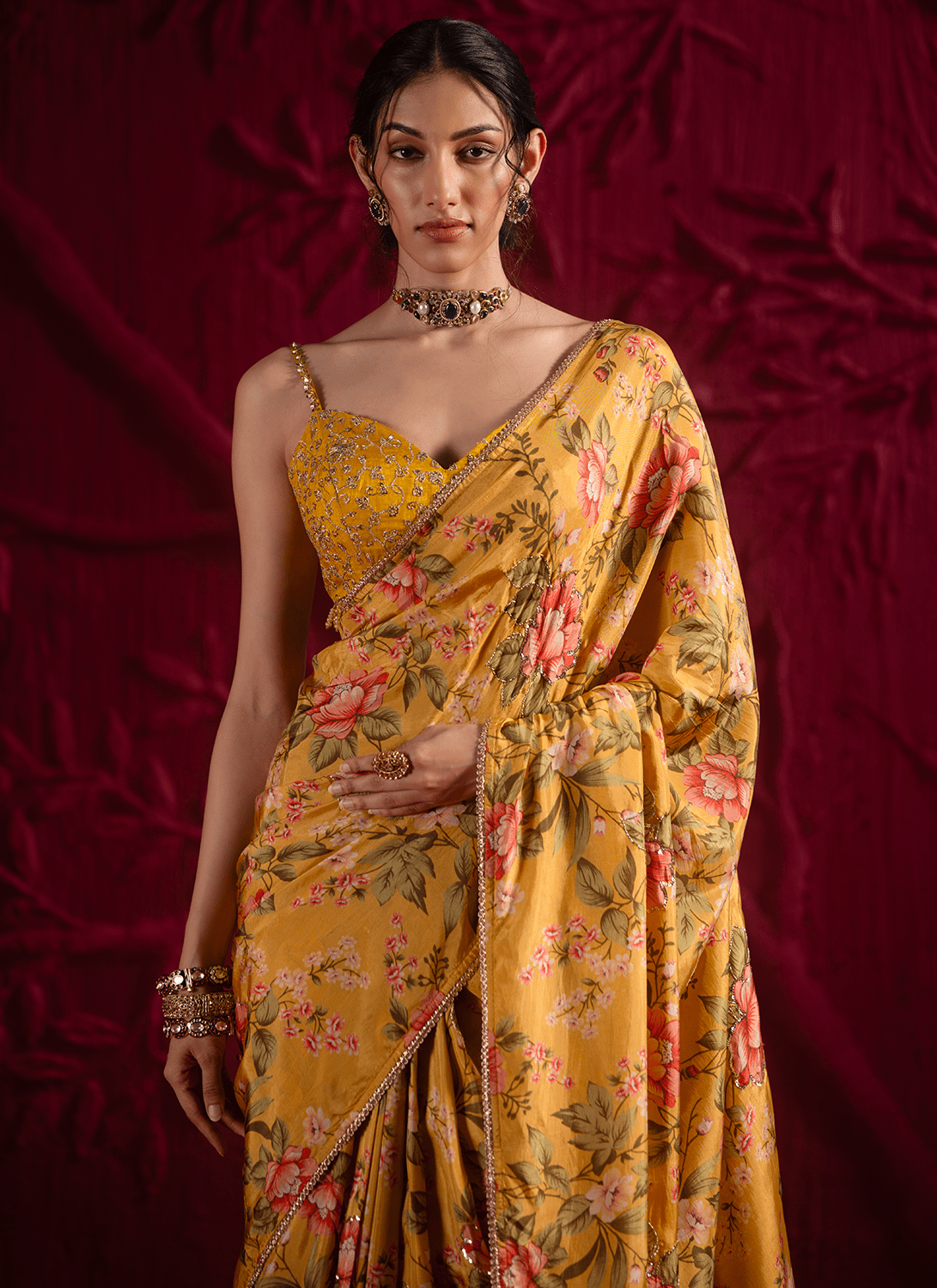 Yellow Floral Embroidered Crepe Silk Saree - Lashkaraa