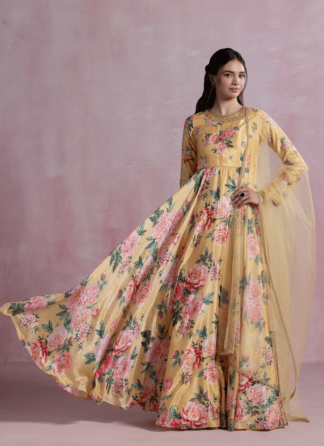Yellow Floral Printed Chinon Anarkali - Lashkaraa