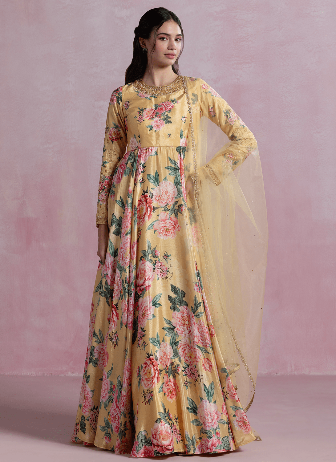 Yellow Floral Printed Chinon Anarkali - Lashkaraa