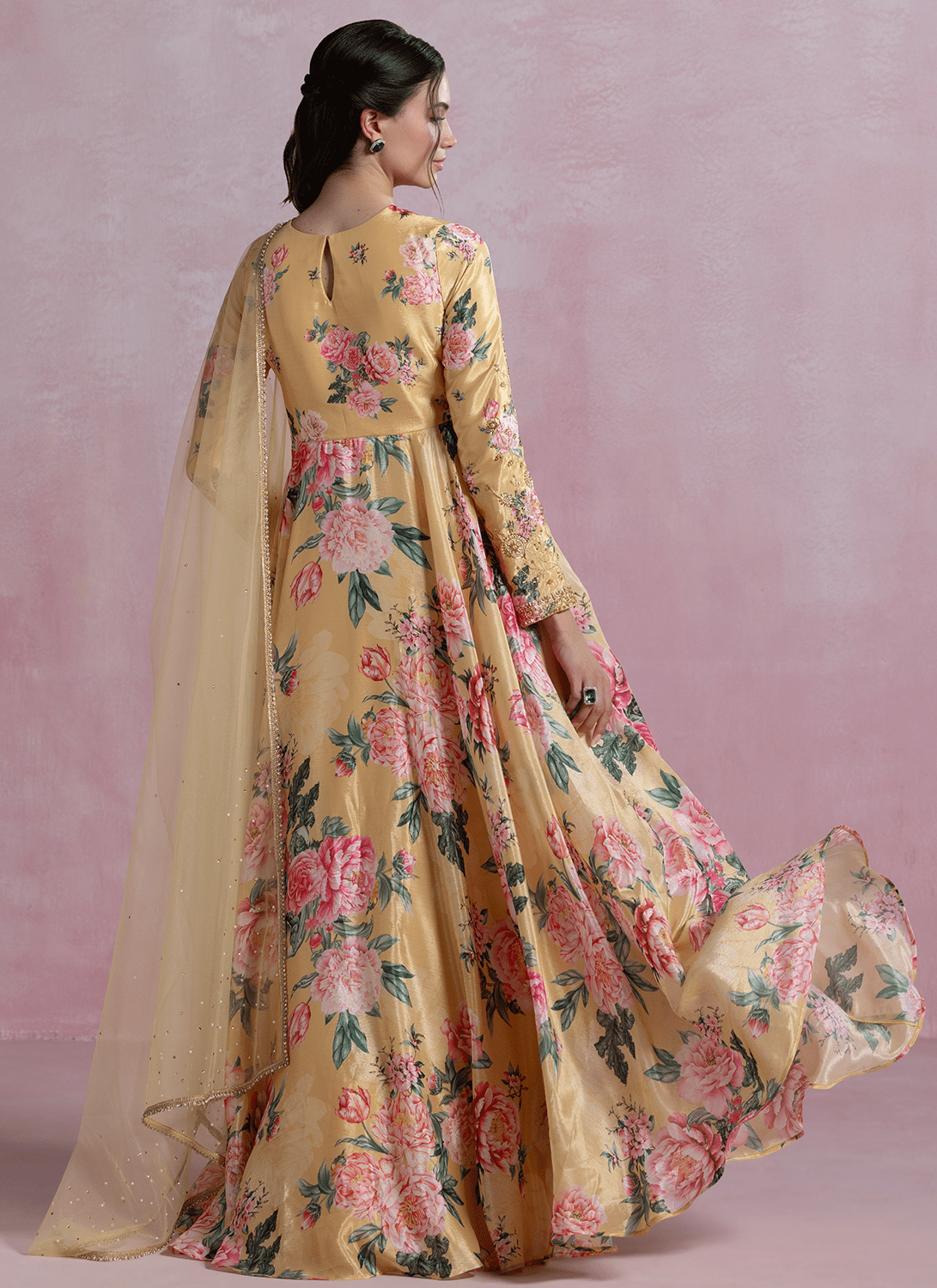 Yellow Floral Printed Chinon Anarkali - Lashkaraa