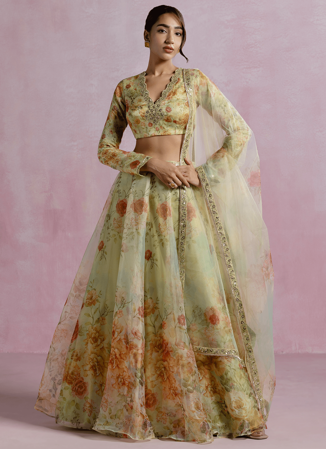 Yellow Floral Printed Organza Lehenga - Lashkaraa