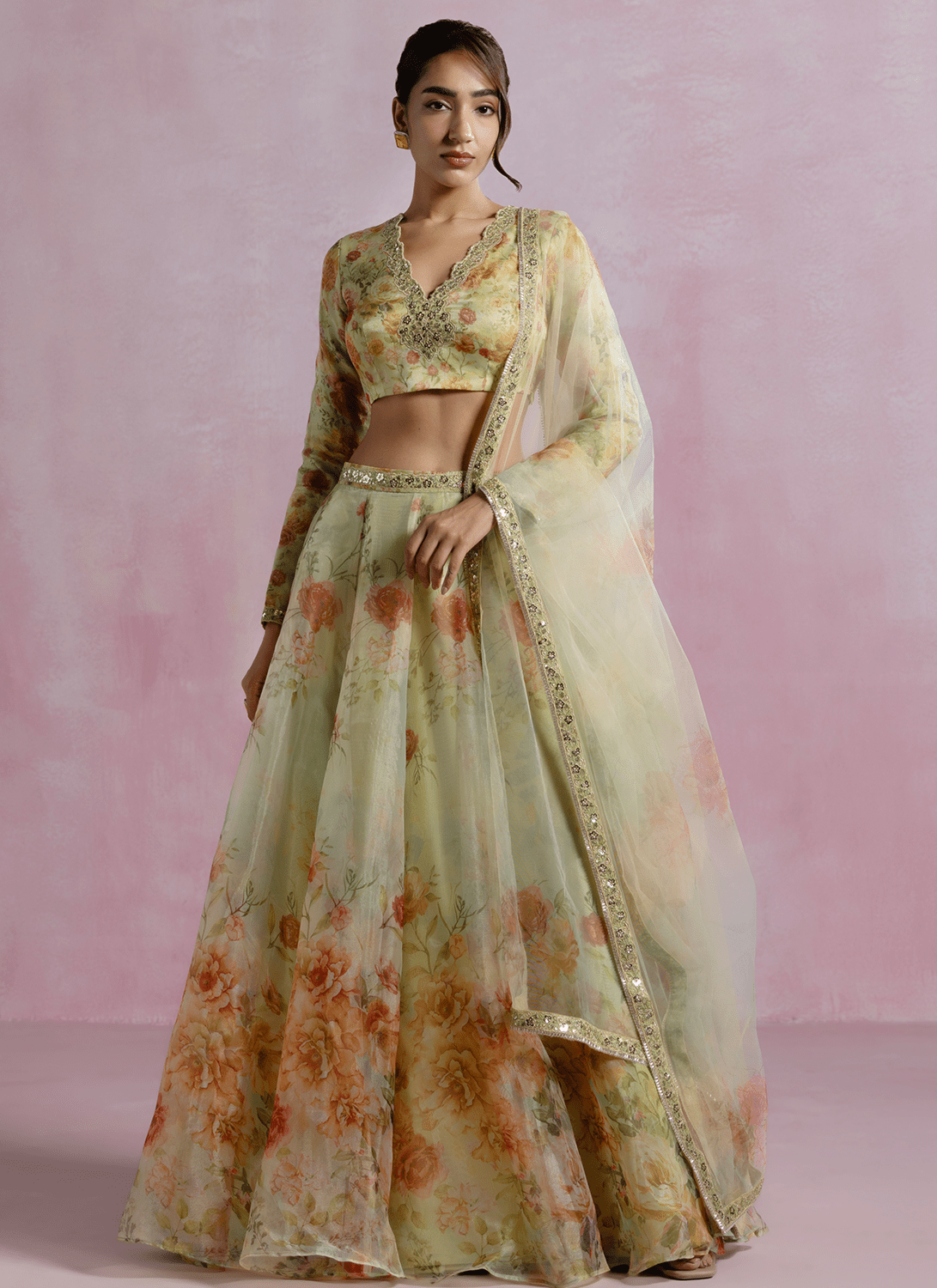 Yellow Floral Printed Organza Lehenga - Lashkaraa
