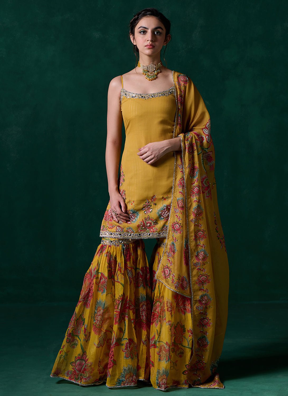 Yellow Multicolor Floral Printed Gharara Suit - Lashkaraa