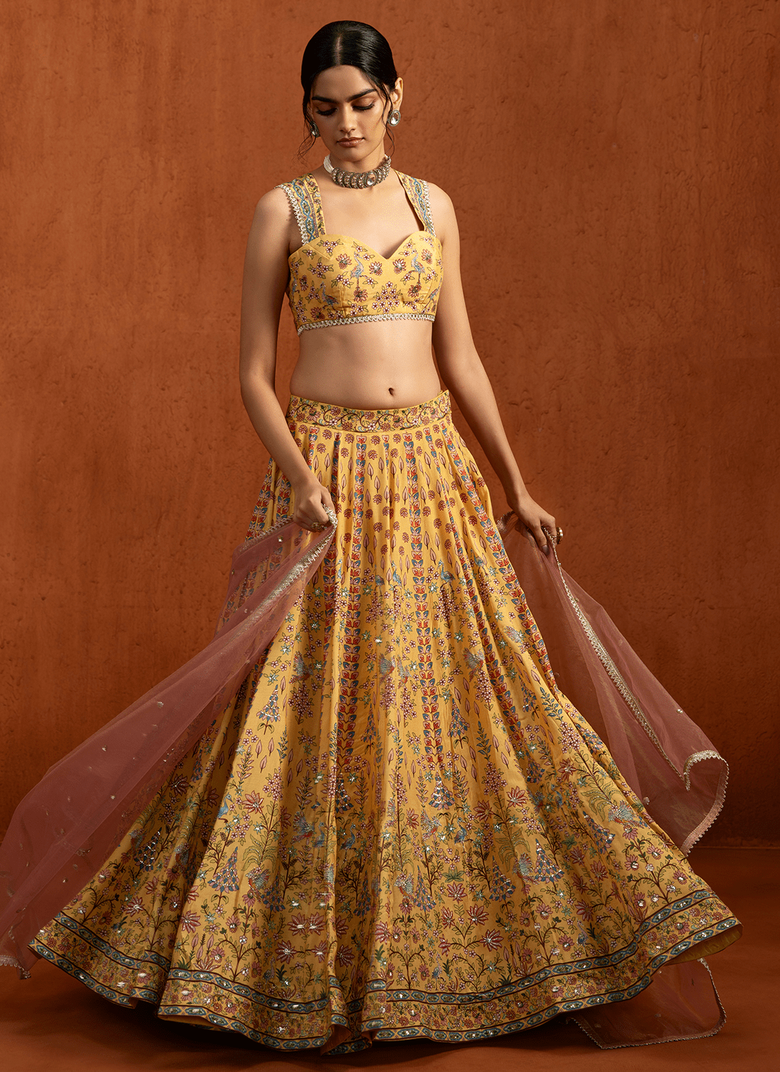 Yellow Multicolor Printed Viscose Silk Lehenga - Lashkaraa