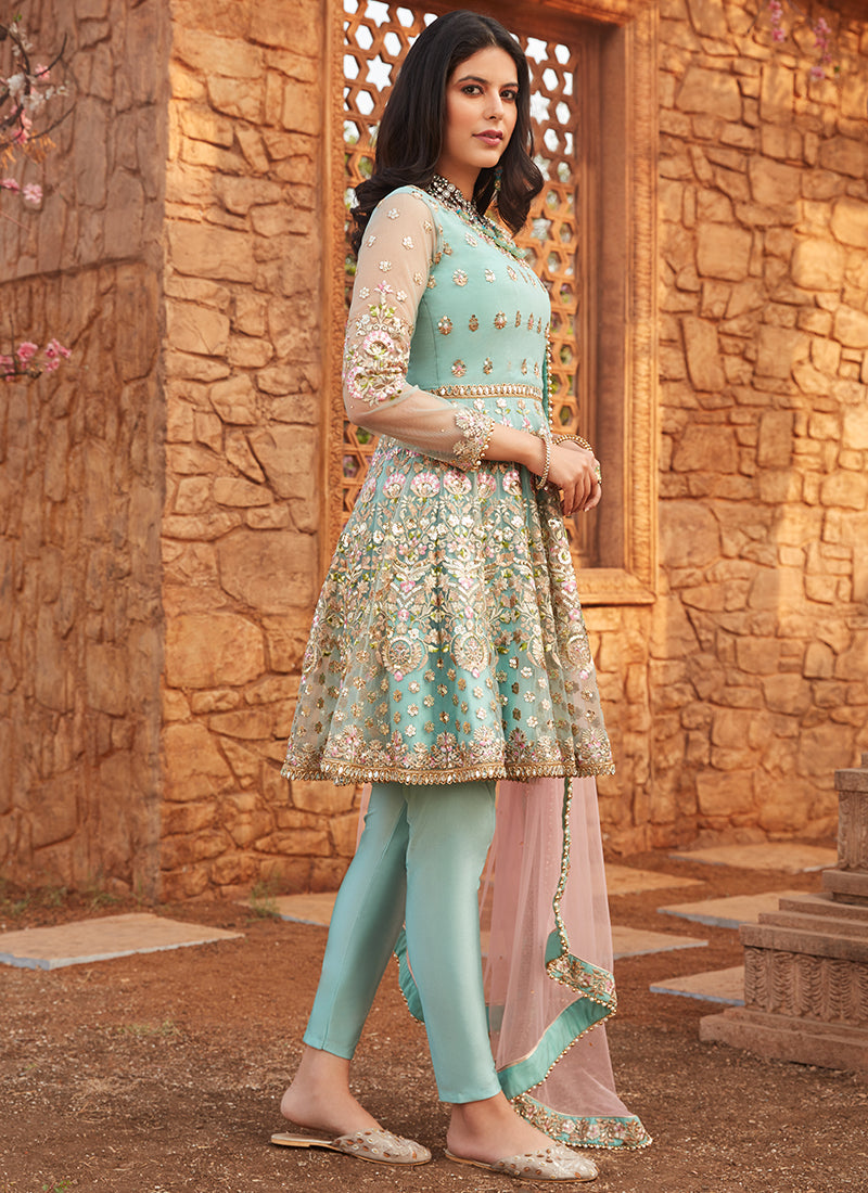 Dusty Mint and Pink Embroidered Peplum Anarkali