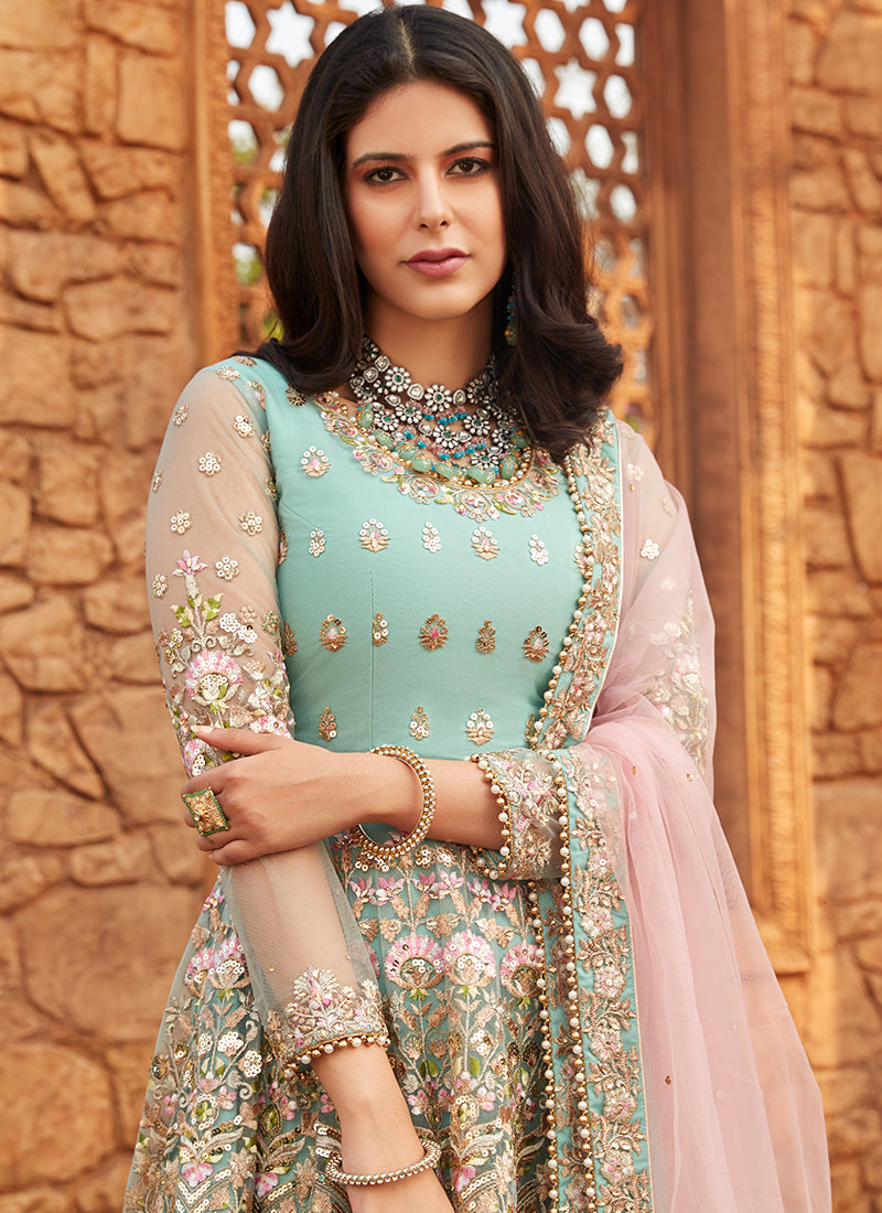 Dusty Mint and Pink Embroidered Peplum Anarkali