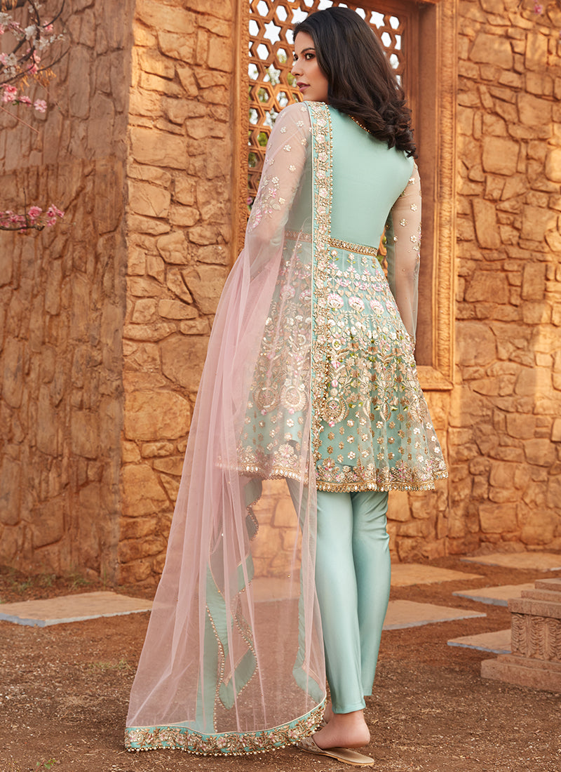 Dusty Mint and Pink Embroidered Peplum Anarkali