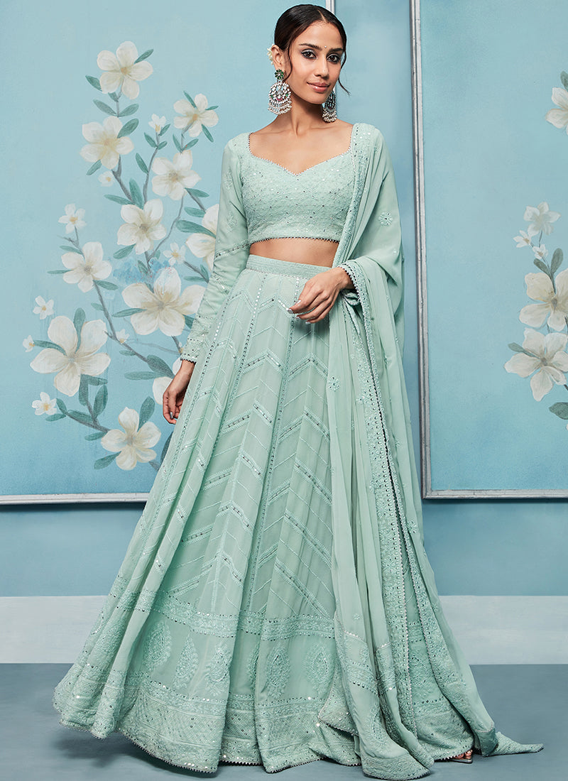 Dusty Mint Green Thread Embroidered Lehenga