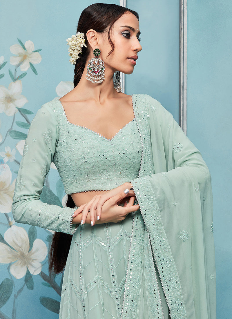 Dusty Mint Green Thread Embroidered Lehenga