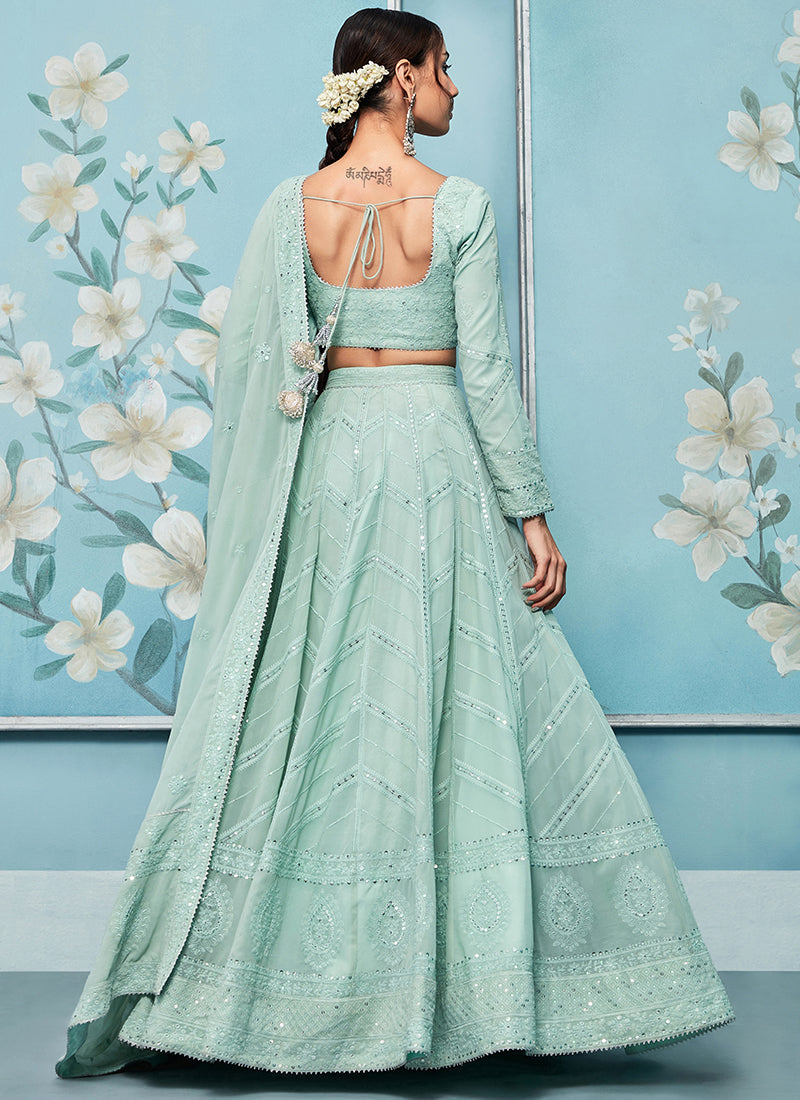 Dusty Mint Green Thread Embroidered Lehenga