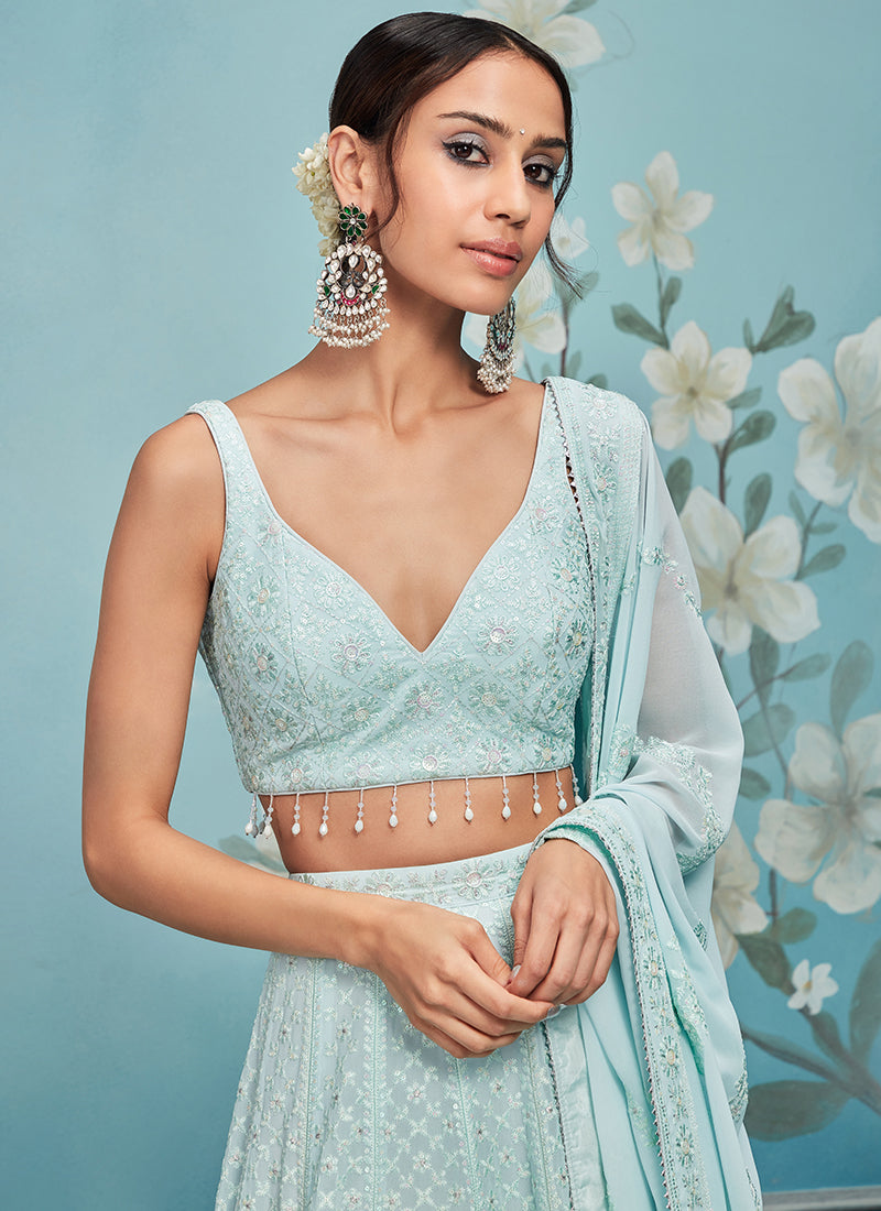 Sea Green Thread Embroidered Lehenga
