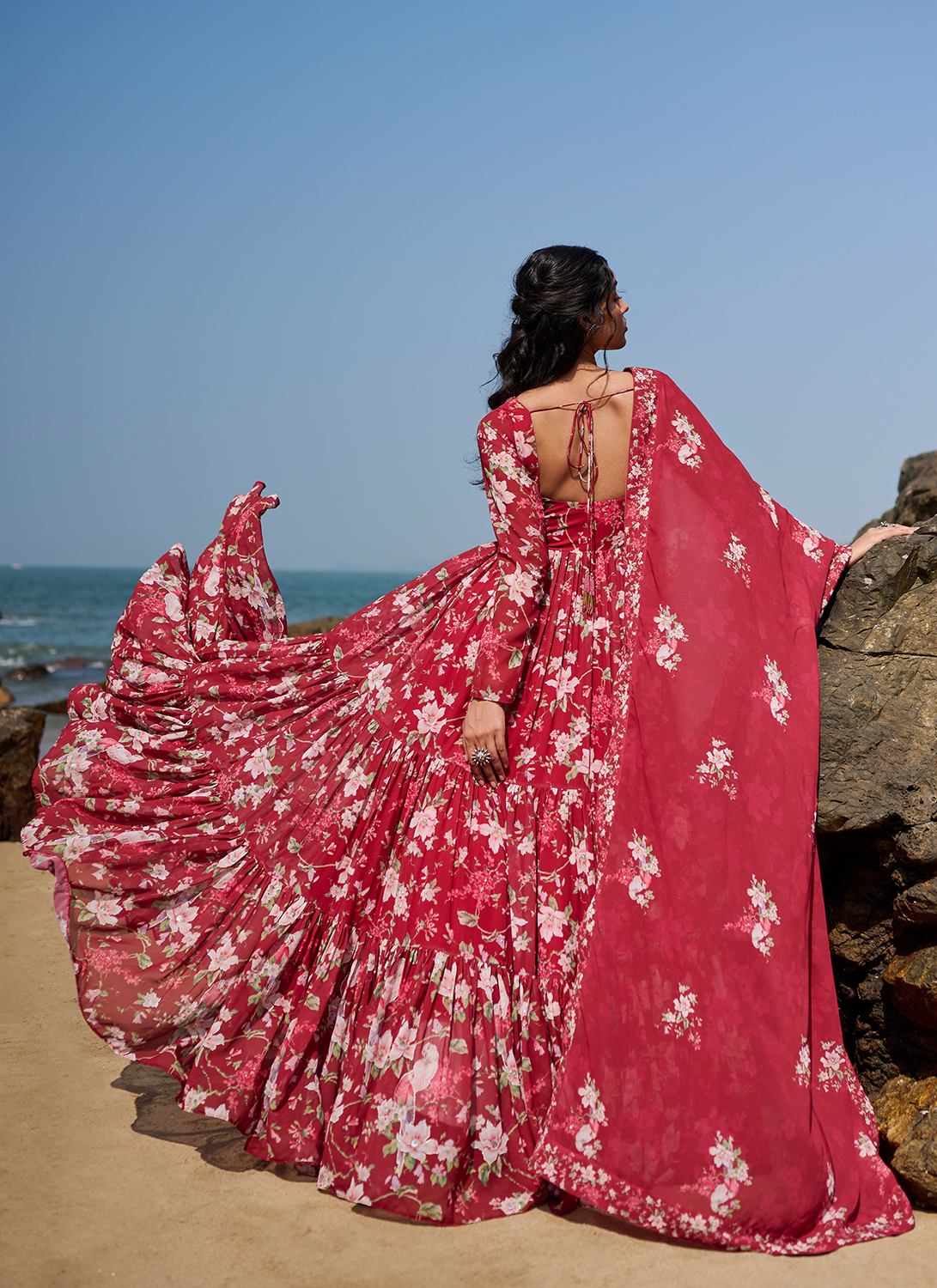 Deep Red Floral Printed Anarkali