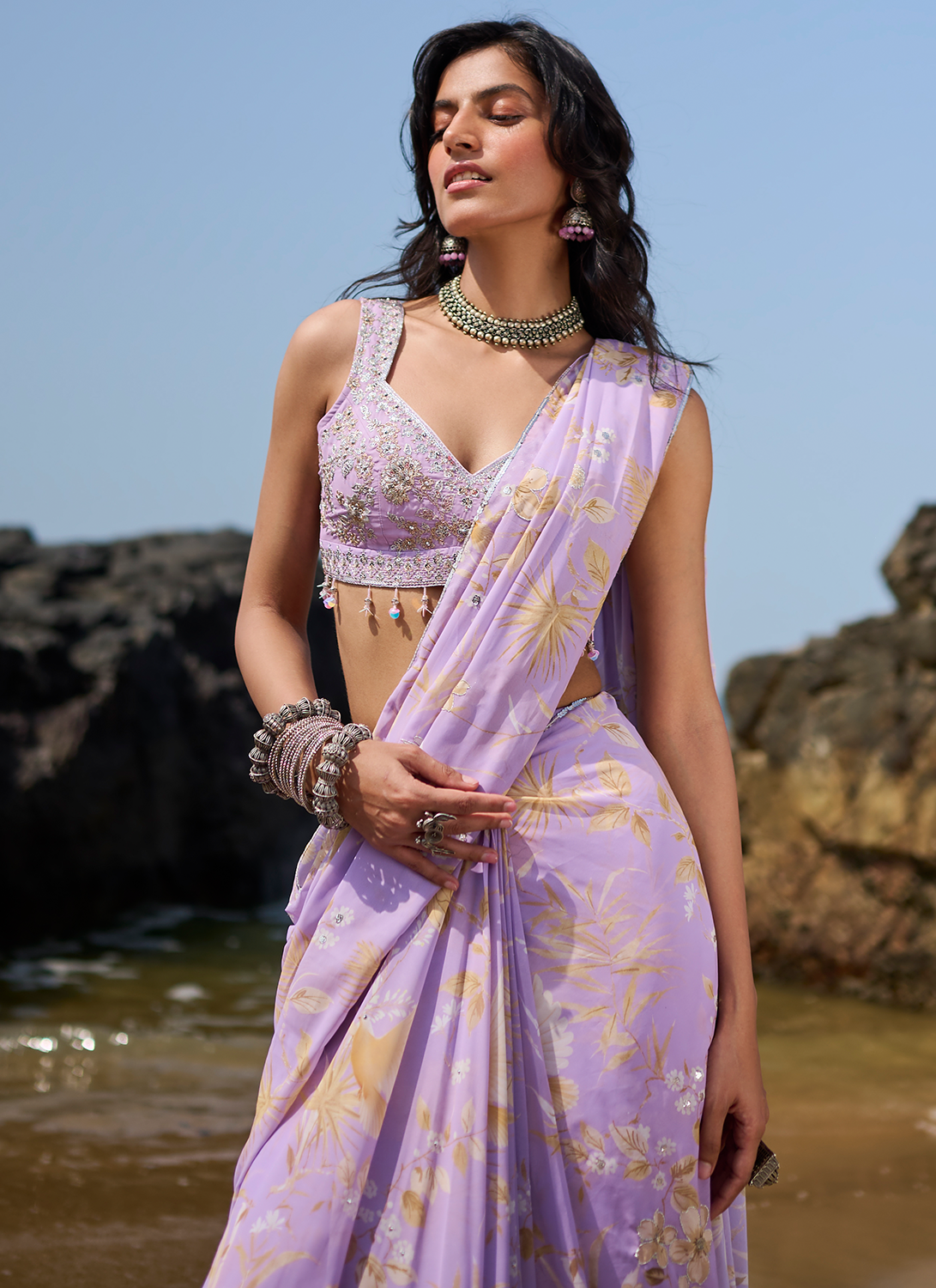 Lavender Floral Printed Saree