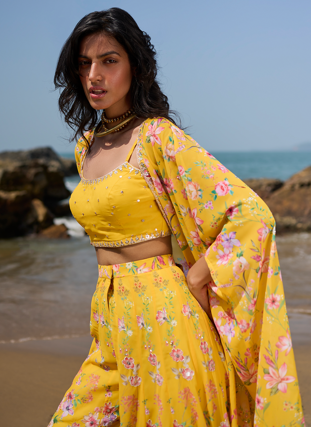 Yellow Floral Printed Crop Sharara Set