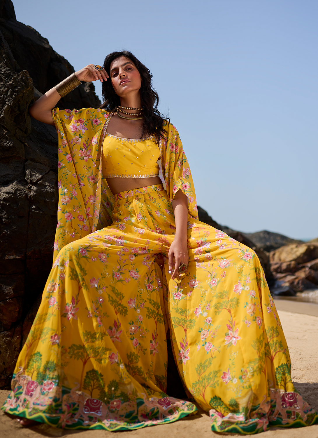 Yellow Floral Printed Crop Sharara Set