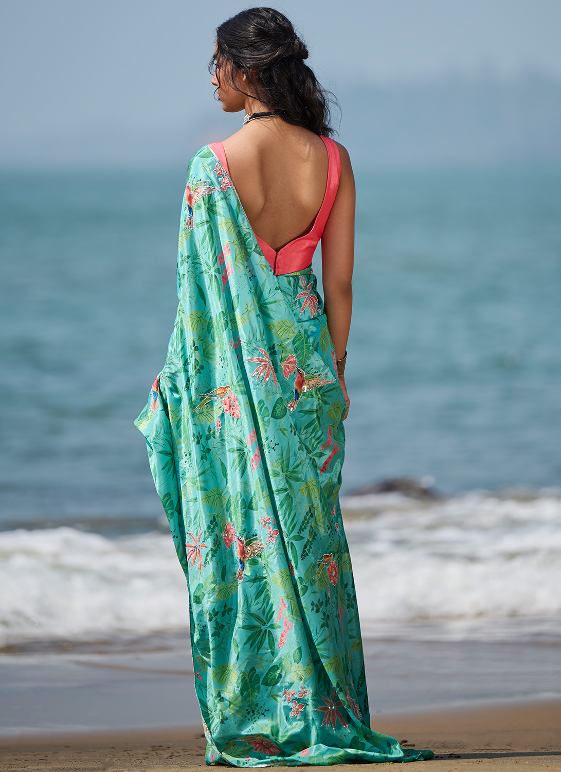 Sea Green and Pink Floral Printed Saree