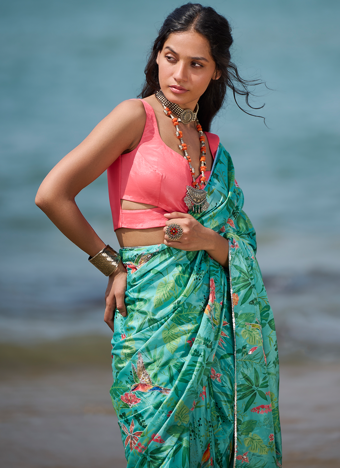 Sea Green and Pink Floral Printed Saree