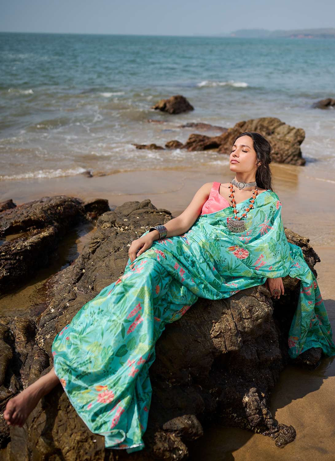 Sea Green and Pink Floral Printed Saree