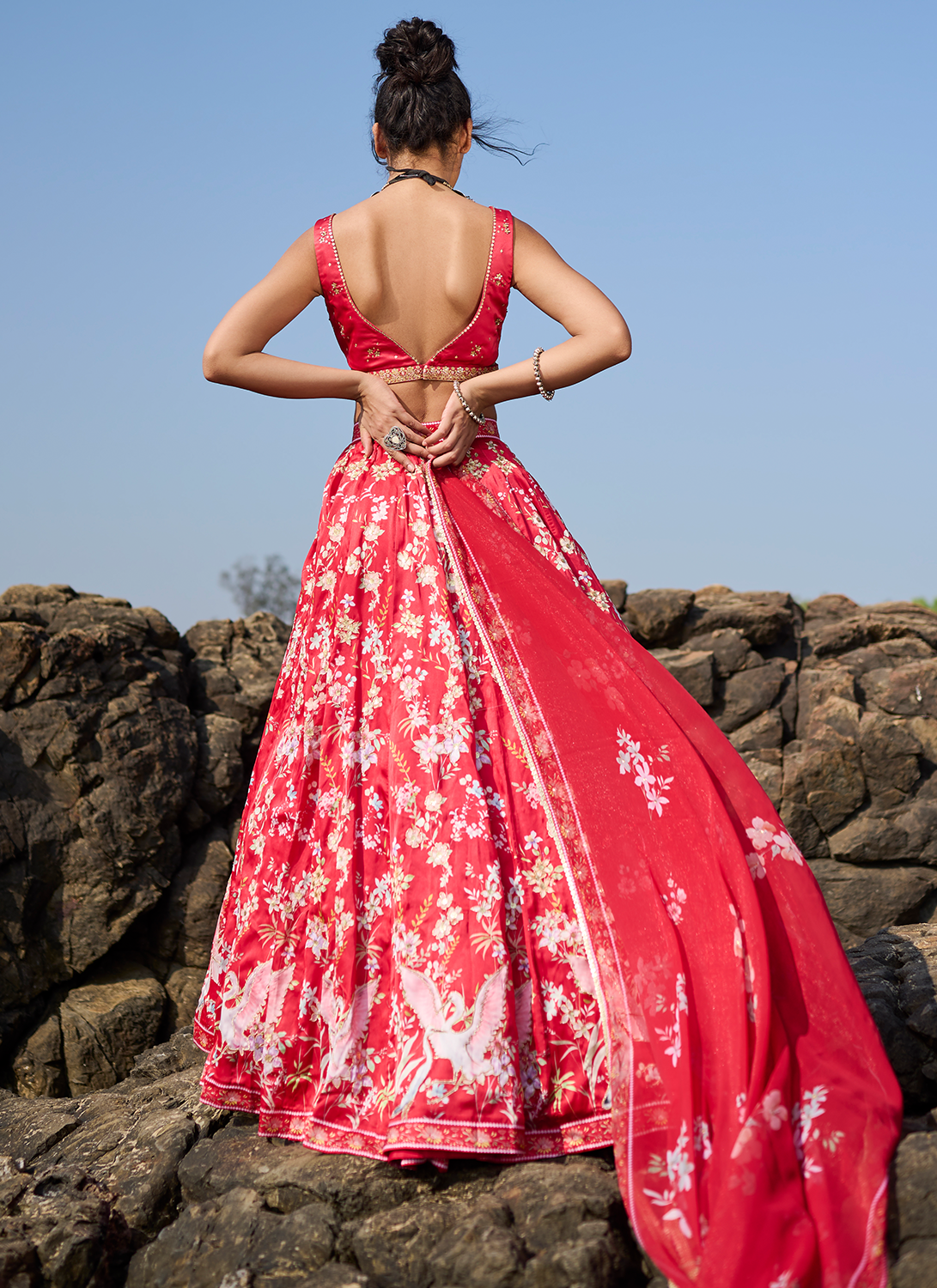 Red Floral Printed Lehenga