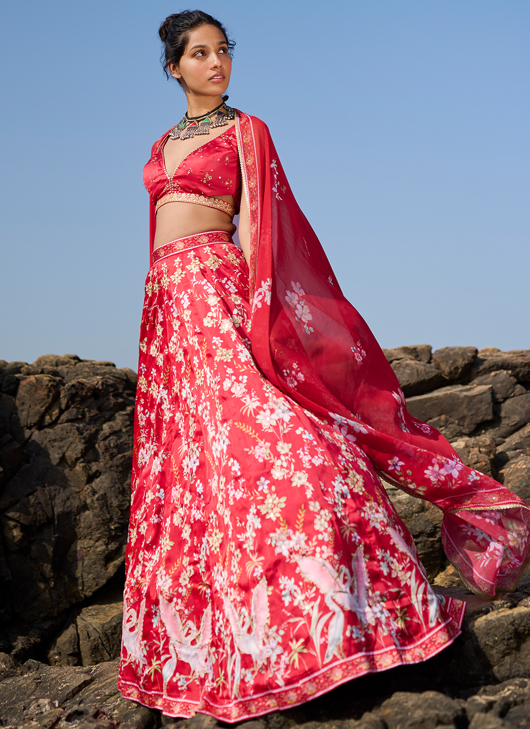 Red Floral Printed Lehenga