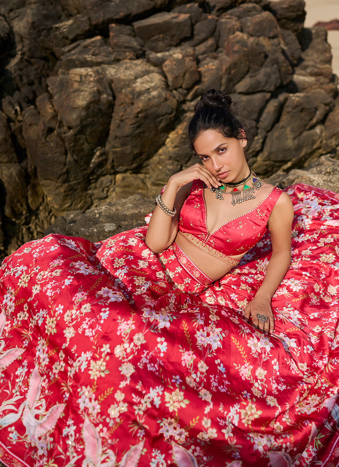 Red Floral Printed Lehenga