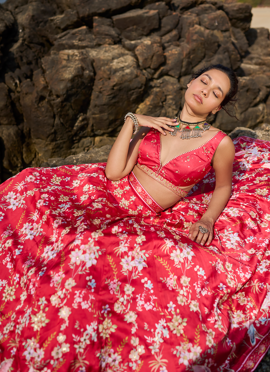 Red Floral Printed Lehenga