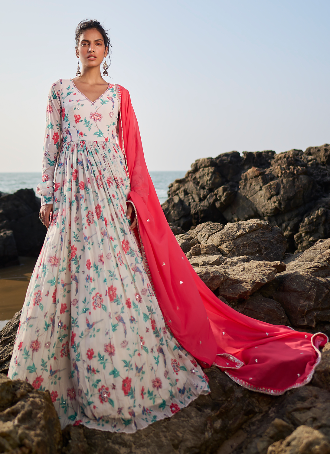Off White Floral Printed Anarkali