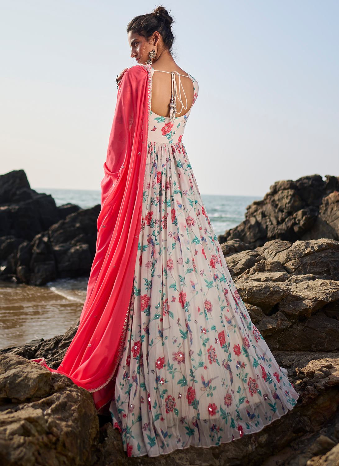 Off White Floral Printed Anarkali