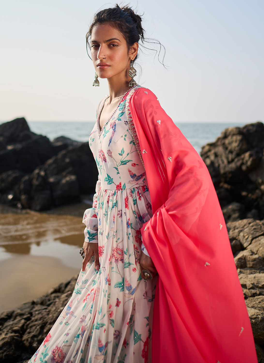 Off White Floral Printed Anarkali