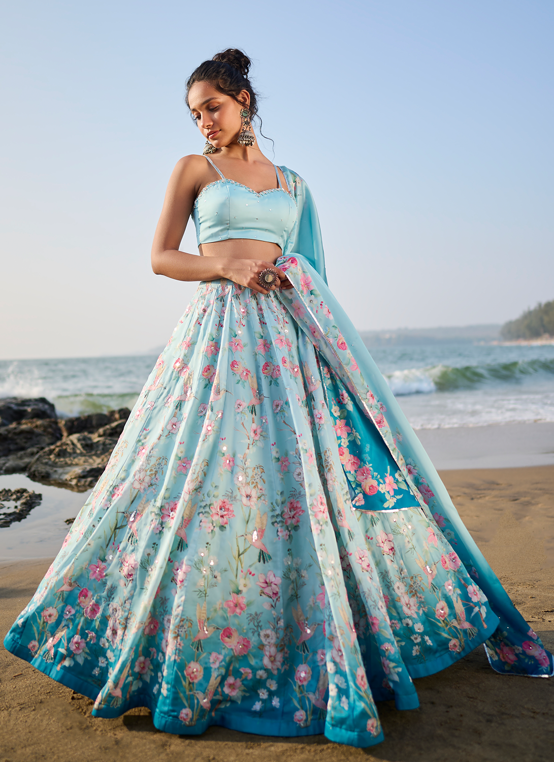 Light Blue Floral Printed Lehenga