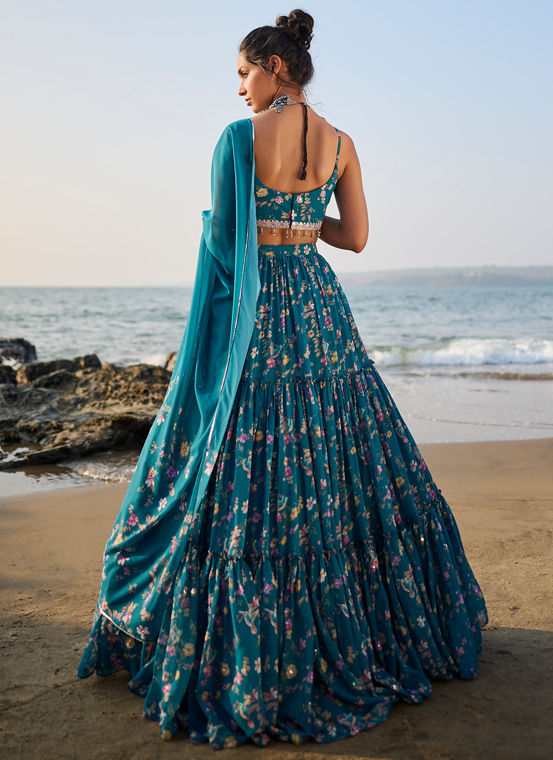 Teal Floral Printed Lehenga