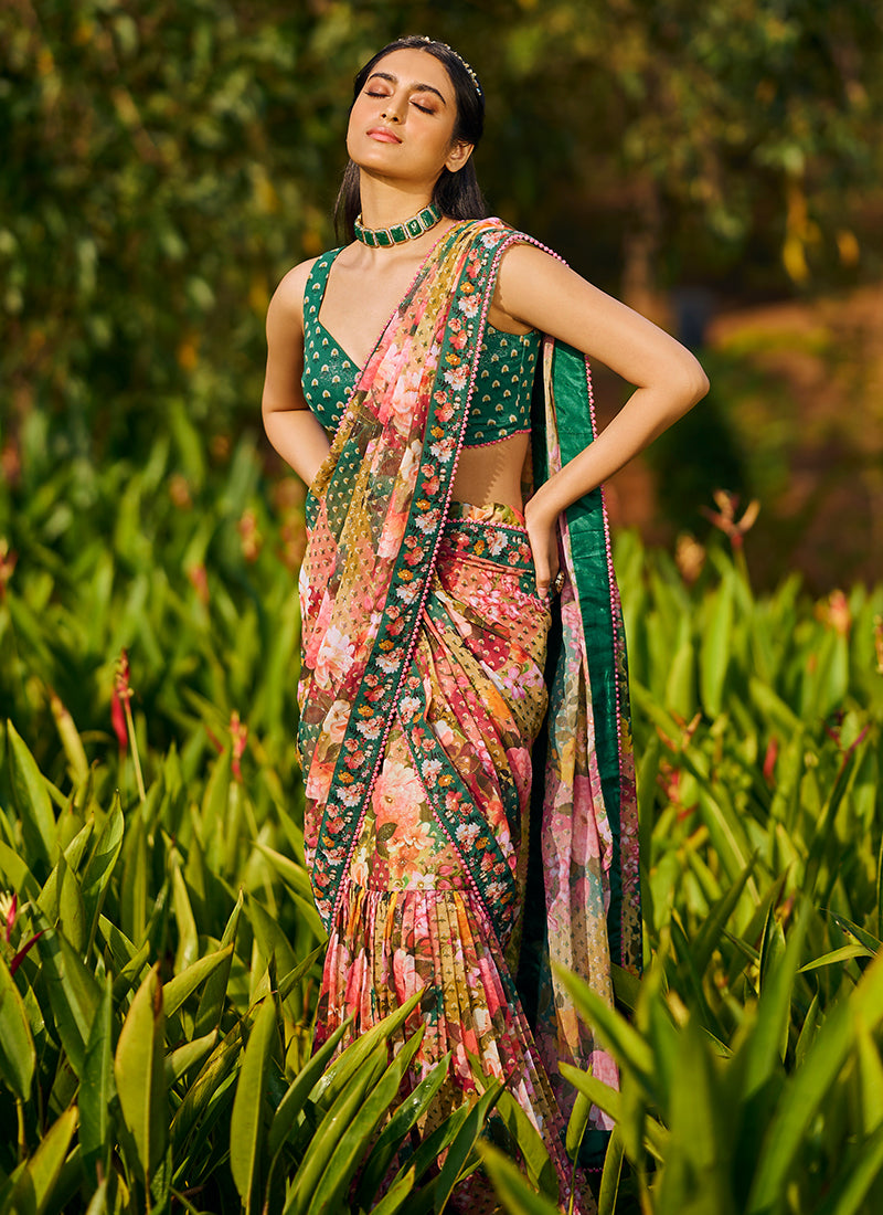 Multi Floral Printed Lehenga Style Saree