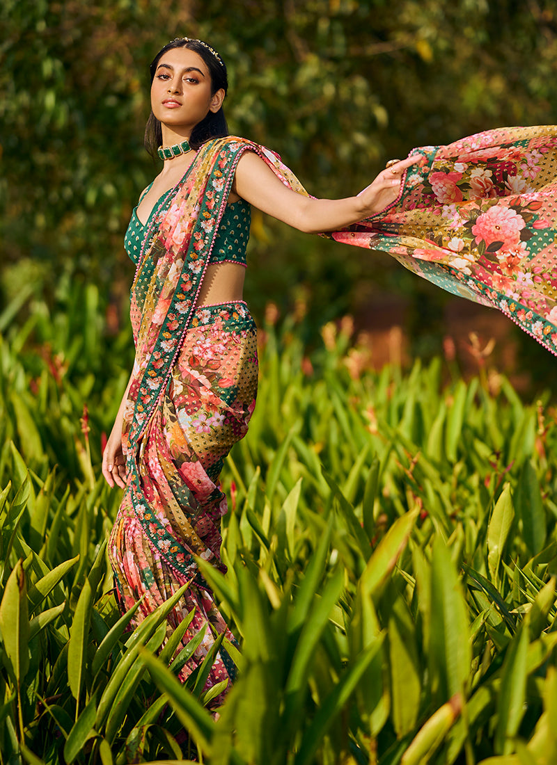 Multi Floral Printed Lehenga Style Saree
