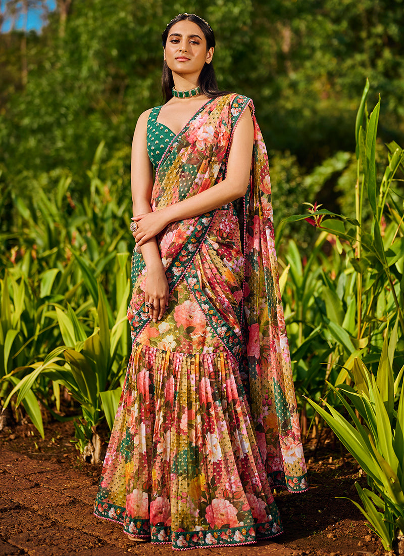 Multi Floral Printed Lehenga Style Saree