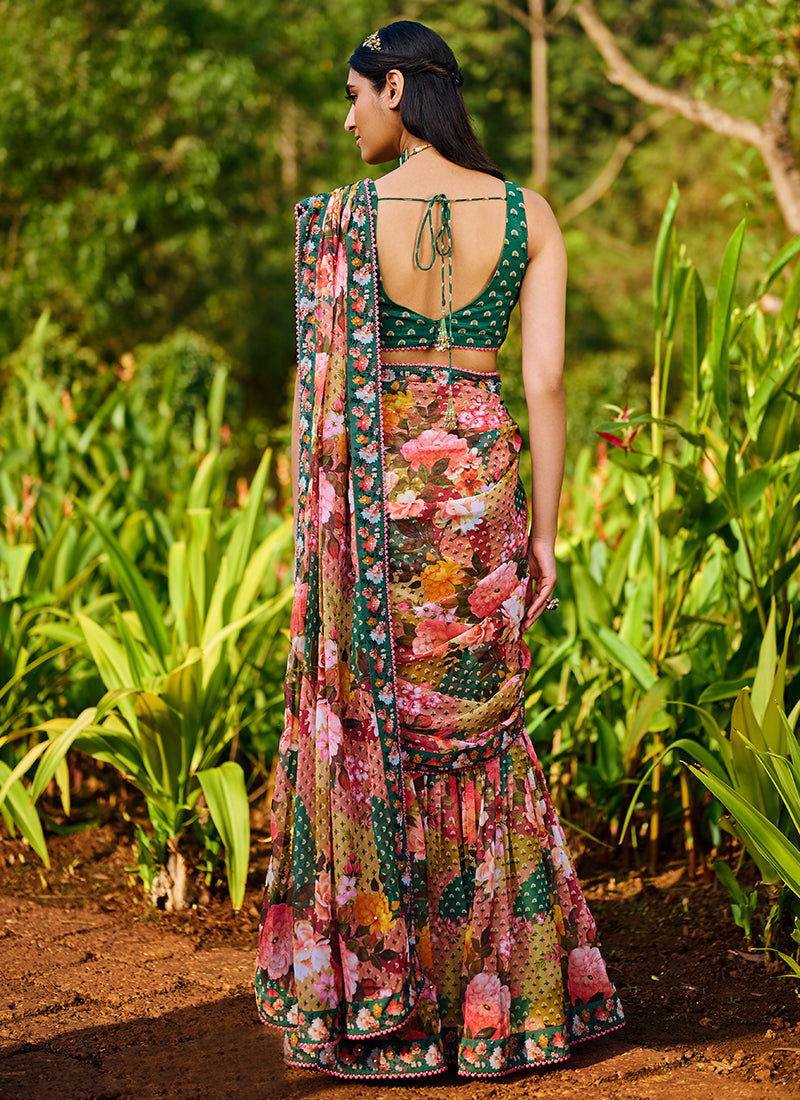 Multi Floral Printed Lehenga Style Saree