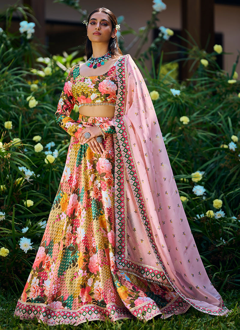Light Multi Floral Embroidered Lehenga