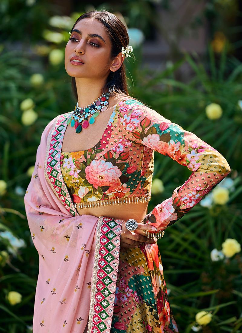 Light Multi Floral Embroidered Lehenga