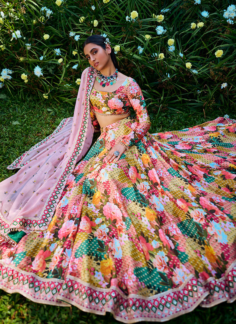 Light Multi Floral Embroidered Lehenga