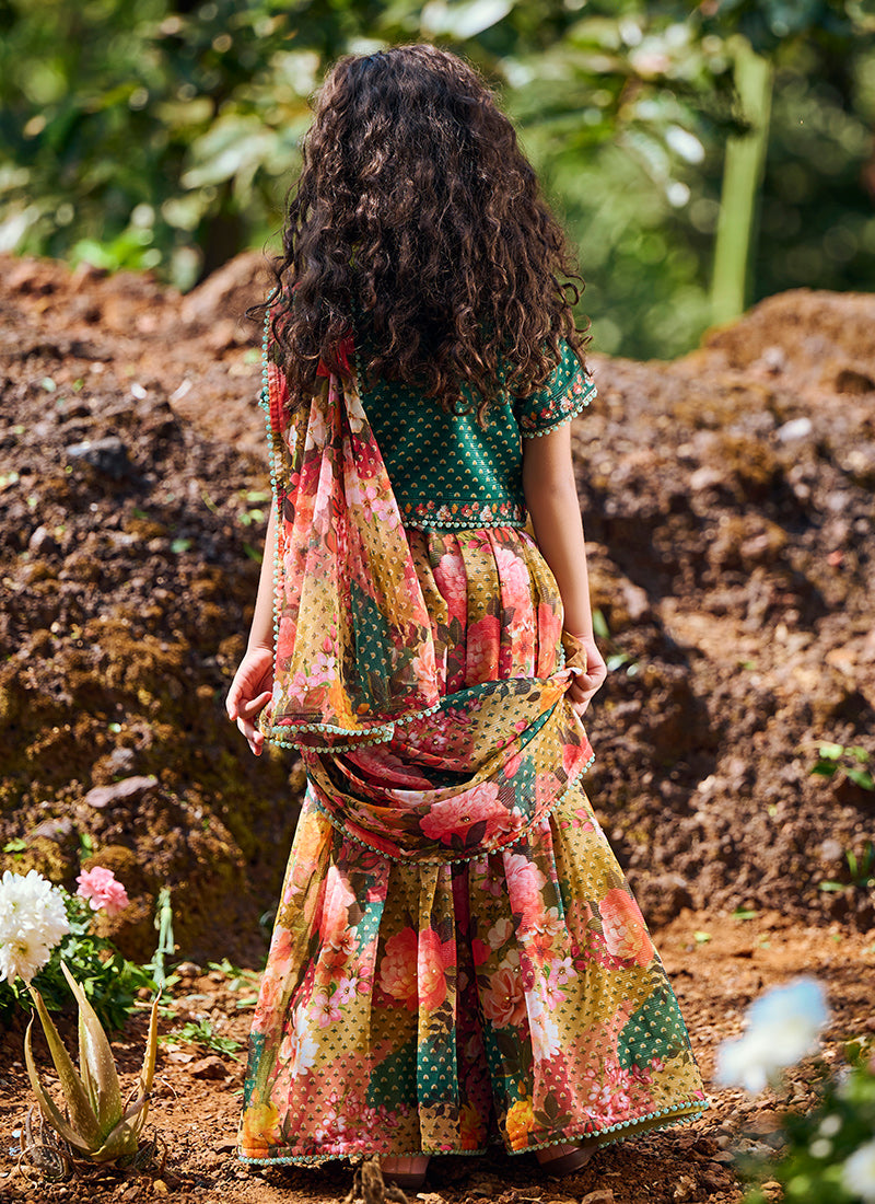 Kids Multi Floral Printed Saree