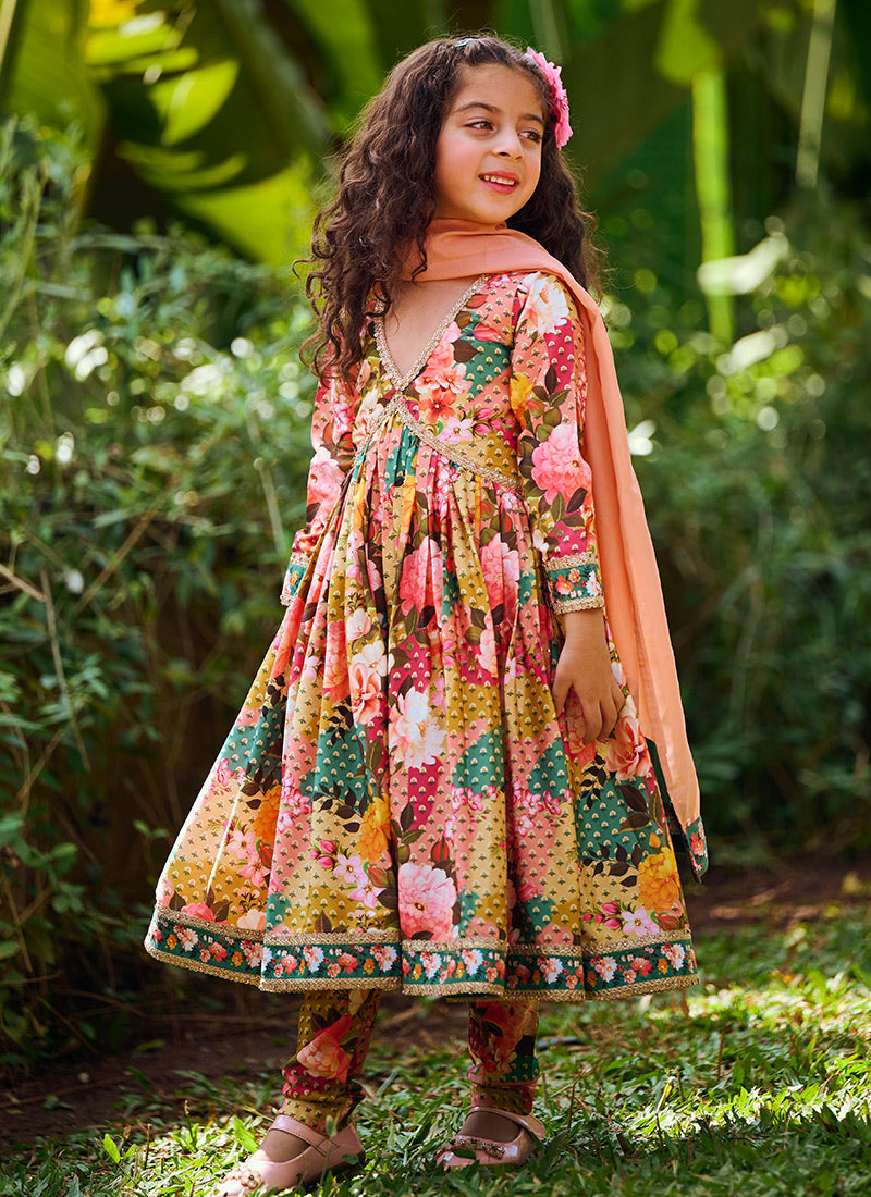 Kids Multi Floral Printed Peplum Style Anarkali