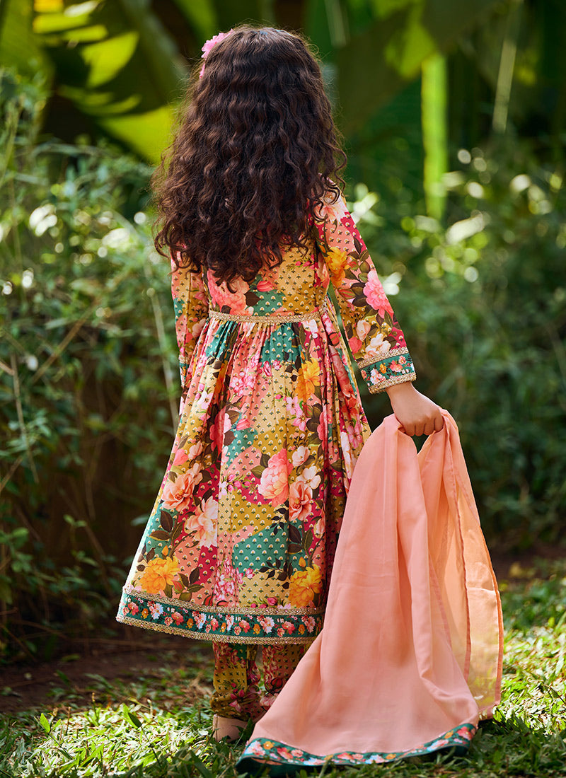 Kids Multi Floral Printed Peplum Style Anarkali