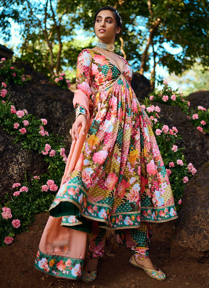 Multi Floral Printed Peplum Style Anarkali